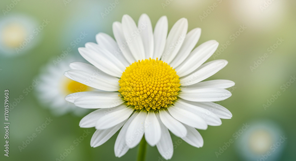 Fototapeta premium Two white daisies with yellow centers in soft focus with a bright blurred background daisy