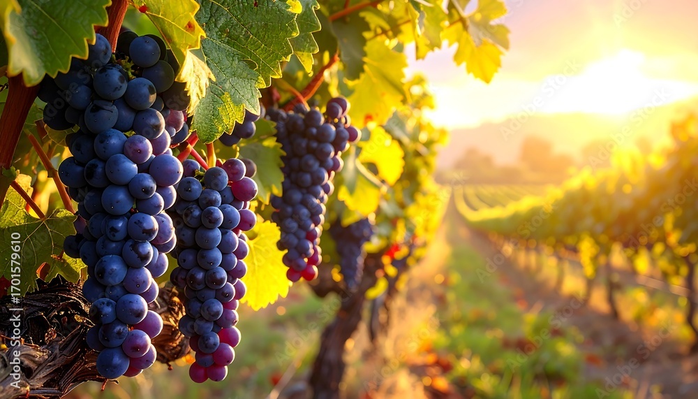 Obraz premium Clusters of ripe, deep purple grapes hang heavy from vines in a sun-drenched vineyard, bathed in warm golden light.