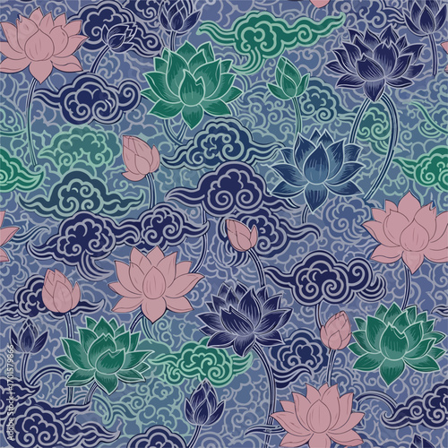 Beautiful floral seamless pattern with lotus flowers and clouds in a vintage style illustration., seamless pattern, Stock royalty.