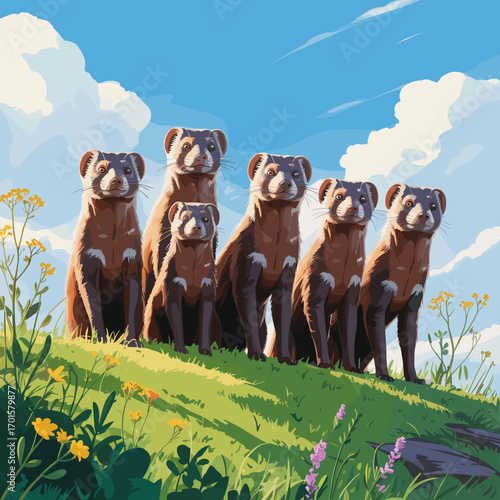 Group of Cartoon Ferrets Standing in Forest