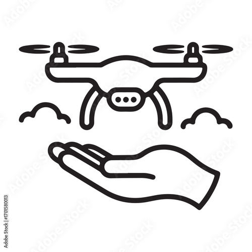 Drone hovering above an open hand in a minimalist outline silhouette style illustration