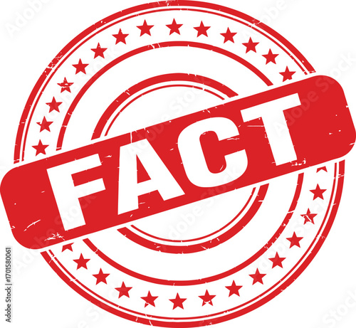 Red Distressed Fact Stamp with Stars Round Border on White Background Isolated