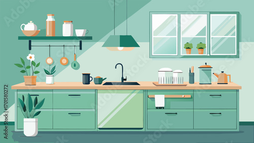 Modern kitchen interior with plants and minimalist design evokes clean cooking and stylish living spaces