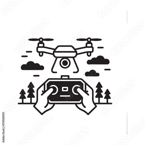 Hands holding a drone remote control with a drone flying above in a stylized landscape silhouette