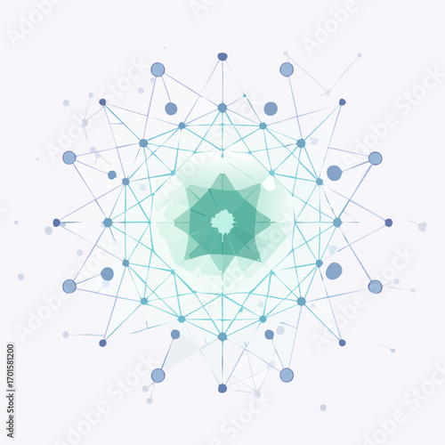 Abstract cosmic constellation network vector with glowing mint and lavender nodes connected by clean geometric lines, futuristic outer space background with copy space, cinematic sci-fi poster design