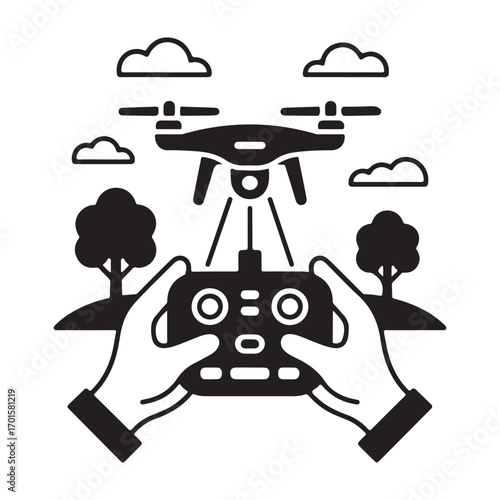 Hands holding a drone remote controller operating a flying drone in a stylized landscape silhouette