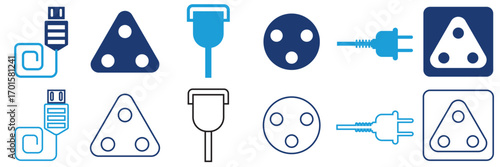 Electric plug and socket icons set. Set of electrical plug, socket, and power icons in blue tones, representing energy, electricity, charging, and power connections. Vector illustration
