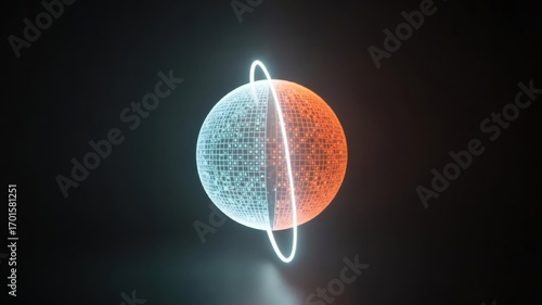 Sci-fi planet graphic with a ring. The planet is split in half, one side blue, the other orange.