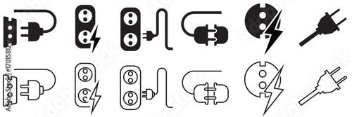 Electric plug and socket icons set. Set of electrical plug, socket, and power icons in blue tones, representing energy, electricity, charging, and power connections. Vector illustration
