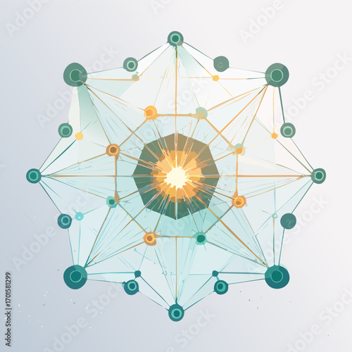 Abstract cosmic constellation network vector with glowing mint and lavender nodes connected by clean geometric lines, futuristic outer space background with copy space, cinematic sci-fi poster design