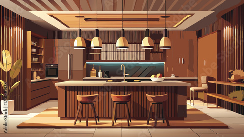 Warm earth tones fill this modern kitchen with island seating and pendant lights creating a cozy atmosphere