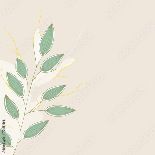 Minimalist vector illustration of eucalyptus branch drawn in continuous smooth line style, sage green on beige background with right-side copy space, perfect for eco branding and packaging