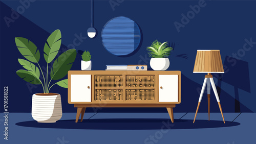 Stylized living room interior showcasing a modern cabinet with plants and a lamp for a cozy home vibe
