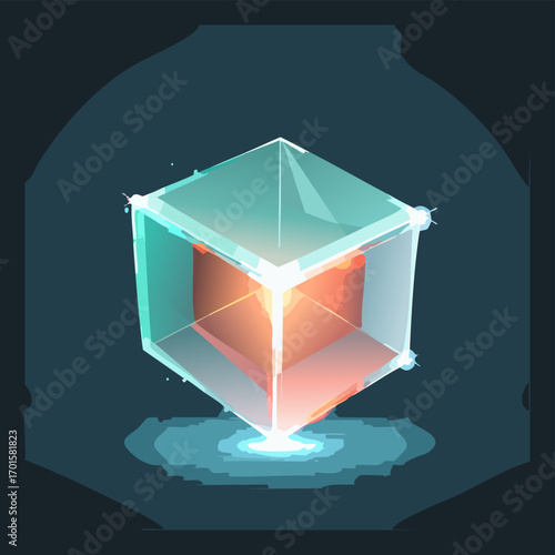 Vector holographic cube with transparent neon mint and coral faces, floating in dark slate void with glowing rim light, futuristic cinematic poster design