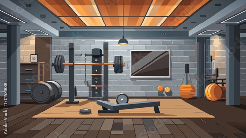 Workout at home: Modern home gym with weights, punching bag and equipment for strength and fitness