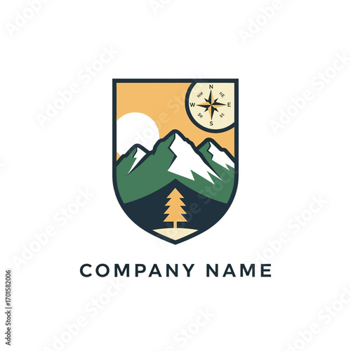 Outdoor adventure shield logo with mountains and compass.