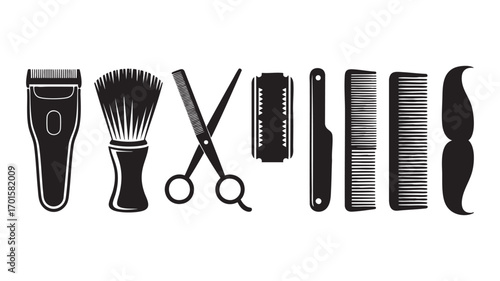 Barber shop tools set hair clippers scissors comb brush moustache icon silhouette