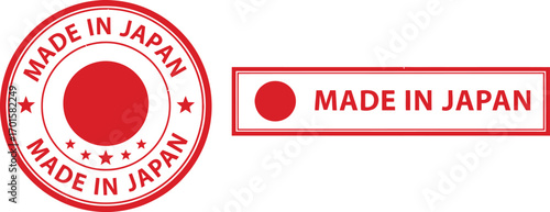 Red Made in Japan Circular and Rectangular Stamps Isolated on White Background