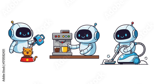 Three cute robots performing household chores.