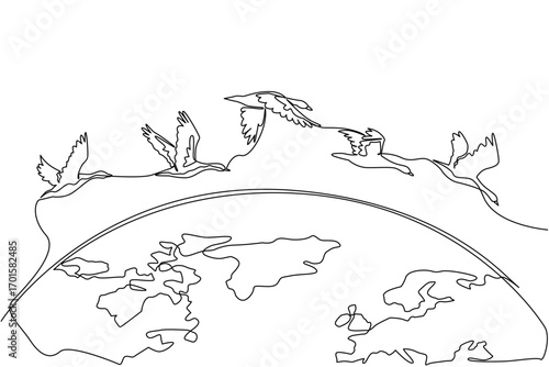 Continuous one line drawing goose mass flight across half the size of the globe. Go in groups to avoid the winter. Adaptation. World Migratory Bird Day. Single line draw design vector illustration