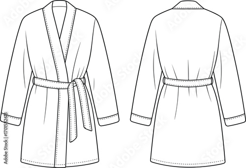 Bathrobe fashion sketch, technical garment drawing, flat vector illustration, clothing template, CAD apparel design, sewing pattern, shawl collar, belt detail