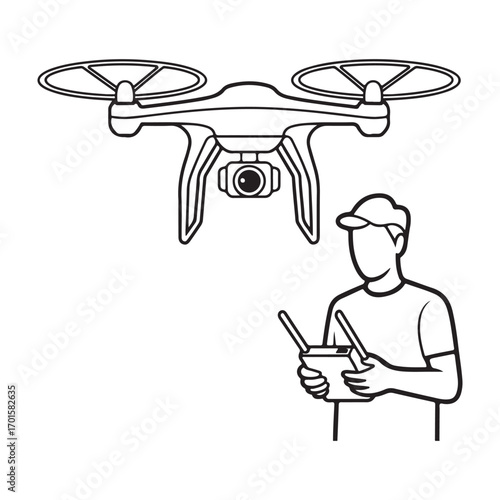 Hands holding a drone remote control with a flying drone overhead in a landscape silhouette