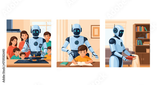 Robot assisting a family with cooking, studying, and reading.