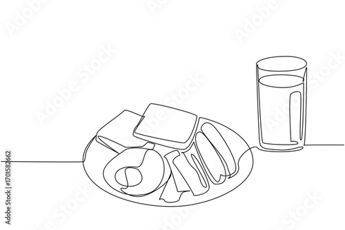 Single one line drawing fried egg with sausage, sliced ​​meat and bread slices plus orange juice. Sufficient intake for busy people. Brunch for Lunch Day. Continuous line design graphic illustration