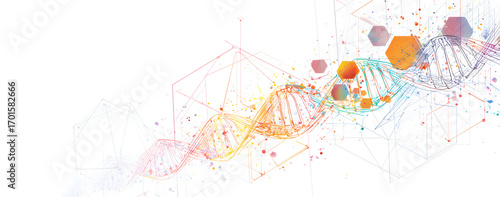 Abstract dna strands intertwine with geometric shapes on a white surface, representing scientific advancement and technological innovation in a modern style.