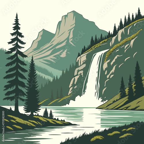 Majestic mountain waterfall cascading into a serene lake surrounded by pine trees