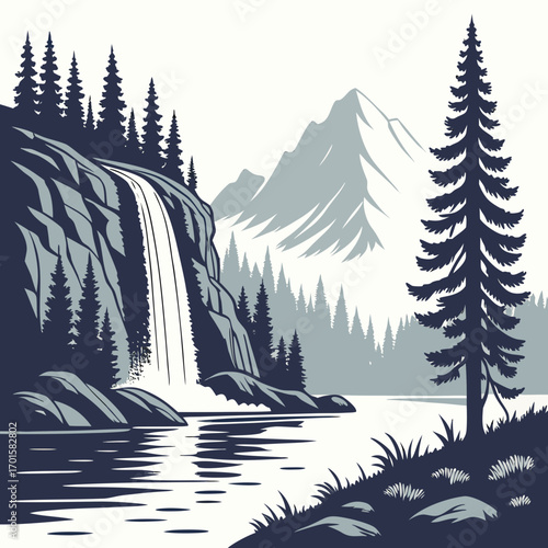 Serene mountain waterfall flowing into a calm lake with pine trees