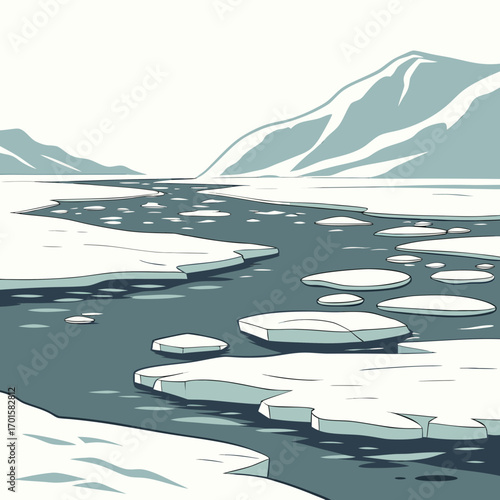 Arctic landscape with floating ice floes and snow covered mountains