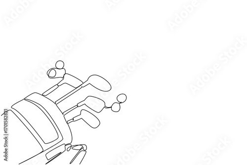 Single one line drawing some golf clubs in the bag and some golf balls around it. Practice with some of the favorite golf clubs. Hobby. National Golf Day. Continuous line design graphic illustration