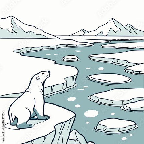 Polar bear sitting on ice floe looking at arctic landscape