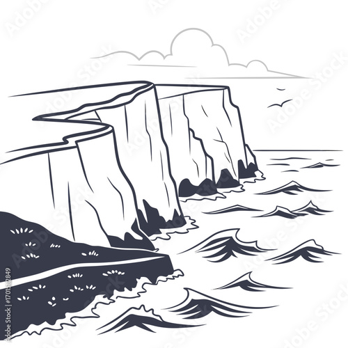 Stylized illustration of dramatic cliffs overlooking a choppy sea with birds flying