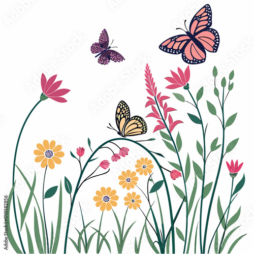 Colorful butterflies fluttering among wildflowers and greenery