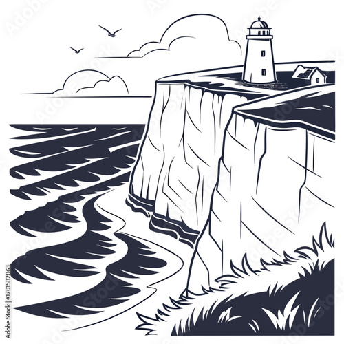 Lighthouse on a cliff overlooking the ocean with birds flying