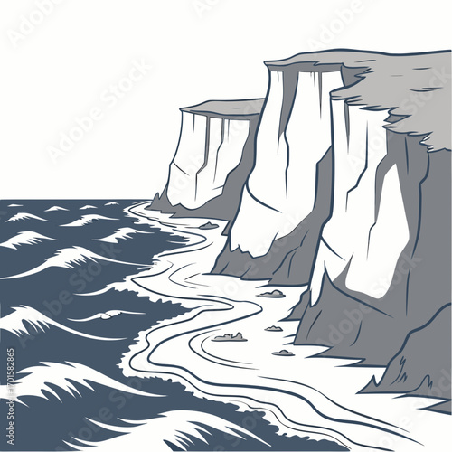 Stylized illustration of white cliffs meeting a dark blue ocean with waves