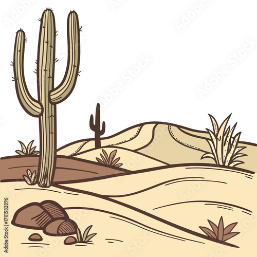 Stylized desert landscape with saguaro cactus and rolling dunes