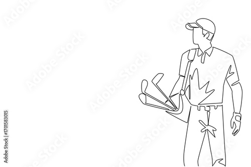 Single one line drawing man wearing a hat and gloves carrying a various golf clubs with golf bag. The newbie who just started practicing. National Golf Day. Continuous line design graphic illustration