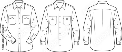 Button-up shirt technical sketch, fashion flat drawing, garment vector template, clothing CAD illustration, collar cuff detail, chest pocket design