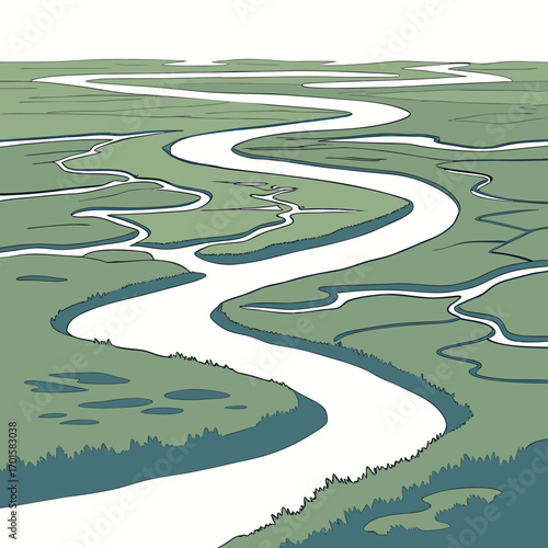 Stylized illustration of a winding river flowing through a marshy landscape