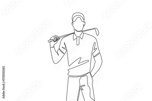 Single one line drawing a man wearing gloves and a hat puts a golf club on his back shoulder. First day of practice. Train. Tournament. National Golf Day. Continuous line design graphic illustration