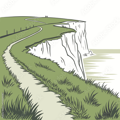 Stylized illustration of a coastal path leading to dramatic white cliffs