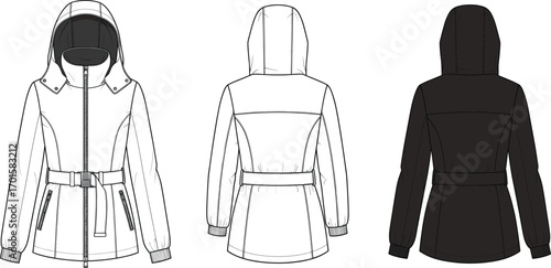 Hooded jacket technical fashion sketch, front and back view, garment flat drawing, CAD vector illustration, apparel design template, outerwear