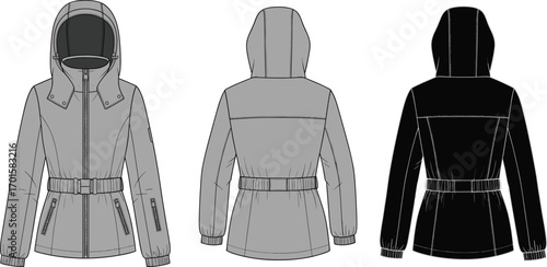 Hooded jacket technical sketch, front and back view, fashion flat drawing, garment design, belt detail, cad drawing flat vector illustration