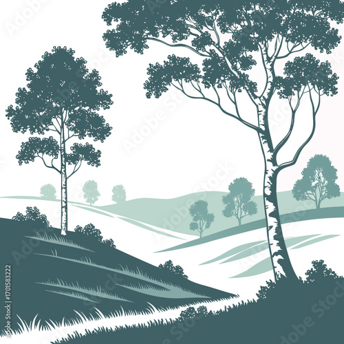 Stylized birch tree and rolling hills landscape in teal and white