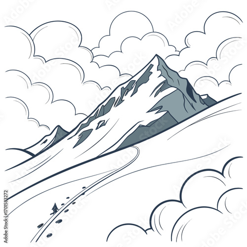 Lone hiker ascends a snowy mountain under a cloudy sky