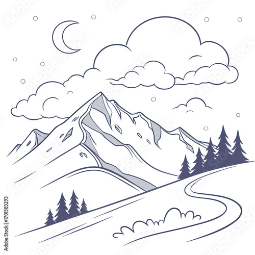 Stylized mountain landscape under a cloudy night sky with a crescent moon