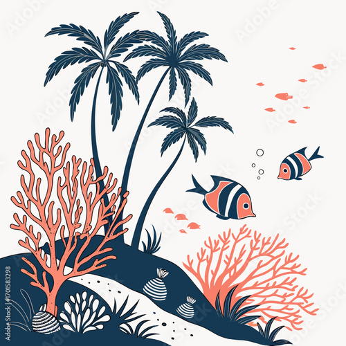Tropical island scene with palm trees coral reef and fish